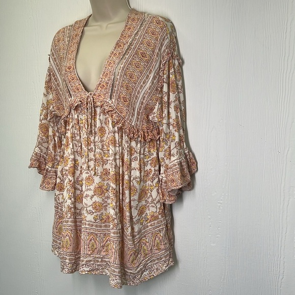 Free People - Moonlight Dance Floral V Neck Boho 3/4 Sleeve Blouse Size Small - Picture 6 of 12